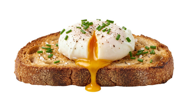 Perfectly poached egg with runny yolk on toasted sourdough bread with chives