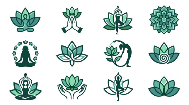 Teal mandalas and spiritual namaste hand gesture icons.