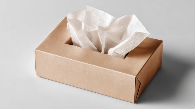 Minimalist tissue box with tissues visible on a cool grey backdrop for product mockups