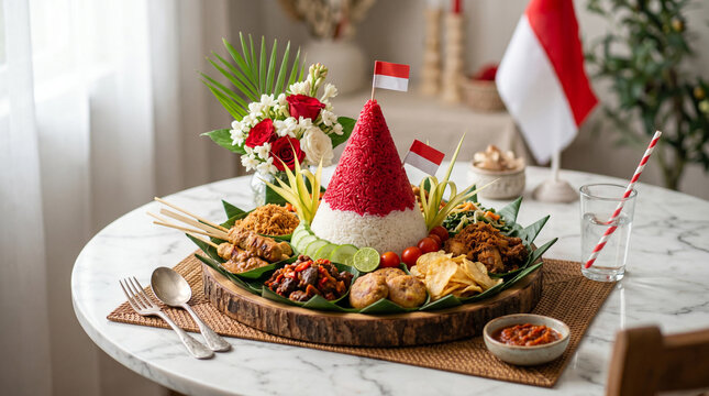 Indonesian Nasi Tumpeng Food Dish with Red and White Flags, Celebration Meal