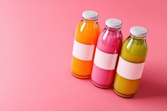 Mockup image of juice bottles with blank labels on bold color backdrop for branding design