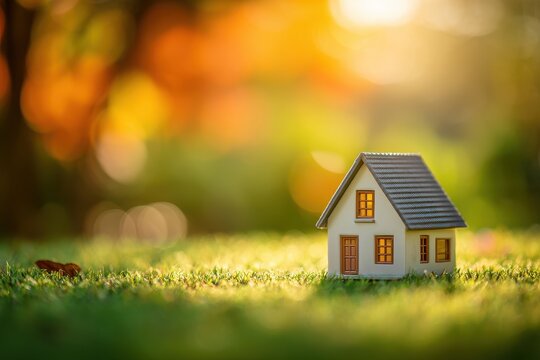 Model home on vibrant grass under golden hour light for lifestyle concept and branding space