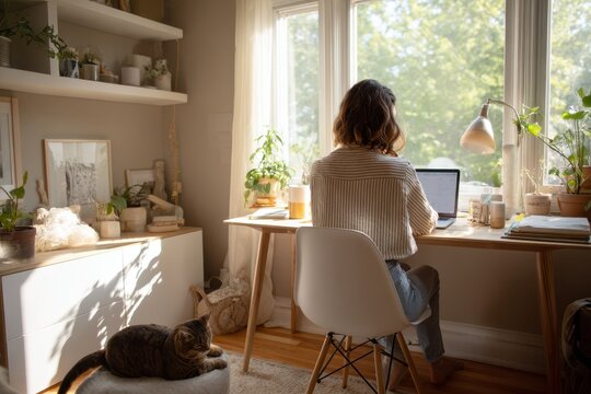 Modern at-home office showing focus, comfort, and a cat as a friendly presence