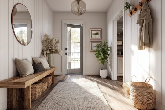 Modern farmhouse entryway with shiplap walls, wood console, and woven baskets