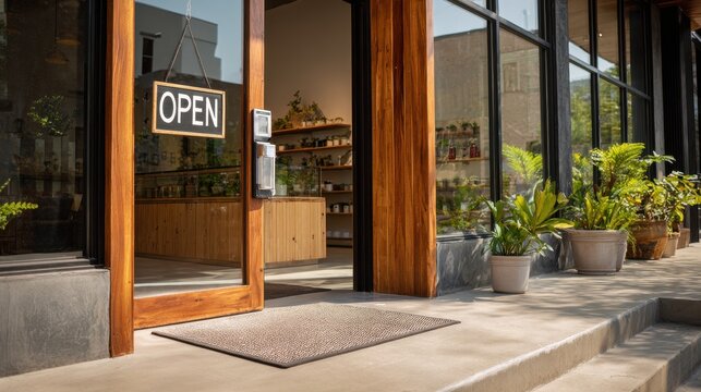 Modern storefront entrance with open sign and post-pandemic reopening atmosphere