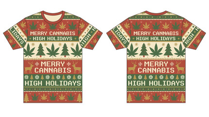 Cannabis themed ugly Christmas sweater pattern printed on a t-shirt mockup © susanti