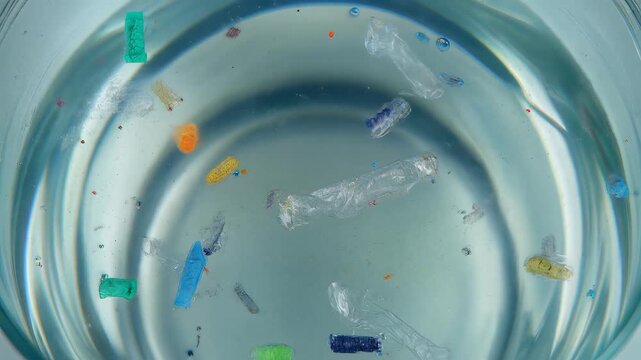 Microplastics and Plastic Waste Floating in Swirling Water, Polluting Marine Ecosystems, Concept of Environmental Crisis and Water Contamination