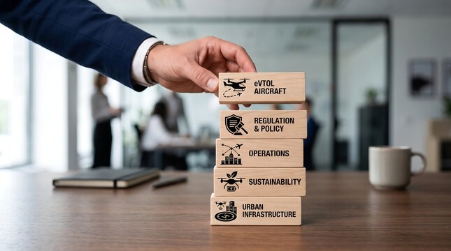 Businessman building wooden blocks with eVTOL aircraft regulation policy operations sustainability urban infrastructure concepts
