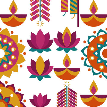 Colorful seamless pattern with Diwali festival elements on white background