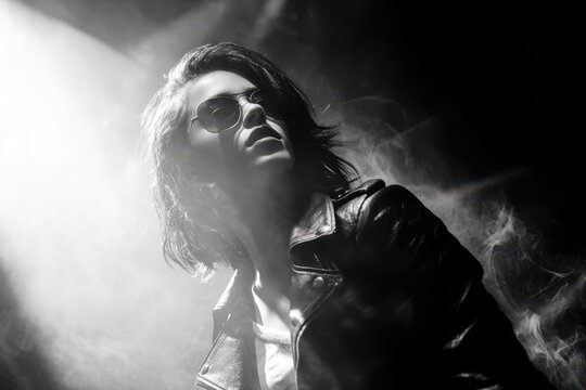 Moody monochrome image of a female rocker in sunglasses, dramatic half-profile pose