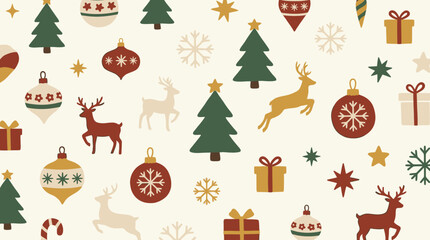 Festive pattern featuring hand drawn Christmas trees and reindeer ornaments © tarman