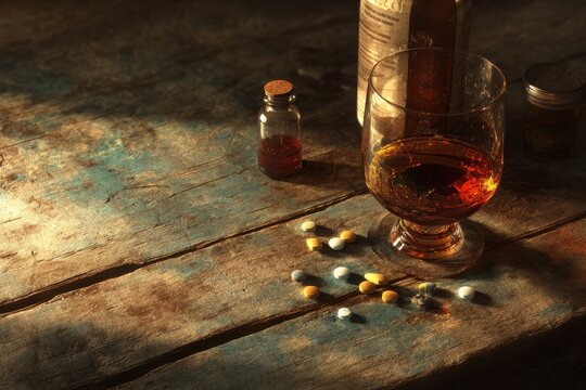 Moody still life: glass of alcohol and pills on a wooden table under soft, somber lighting