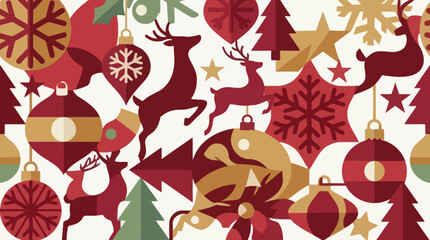 Festive pattern featuring red and gold Christmas ornaments and reindeer silhouettes © teel