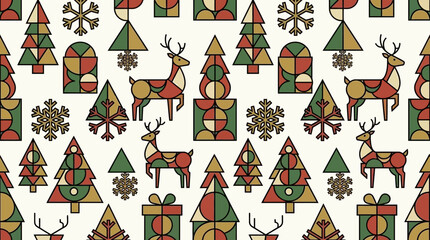 Geometric Christmas pattern featuring stylized reindeer and festive evergreen trees © teel