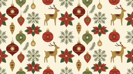 Festive pattern featuring reindeer and ornaments for winter holiday season © tiara