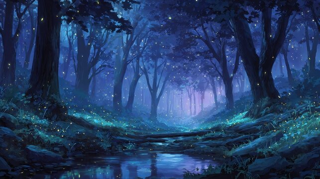 Moonlit trees and reflective stream in a fantasy forest illustration