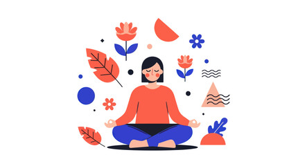 Obraz premium Woman Meditating Calmly Surrounded by Nature Elements.