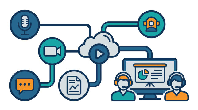 Digital icons illustrate a modern cloud based remote business communication system