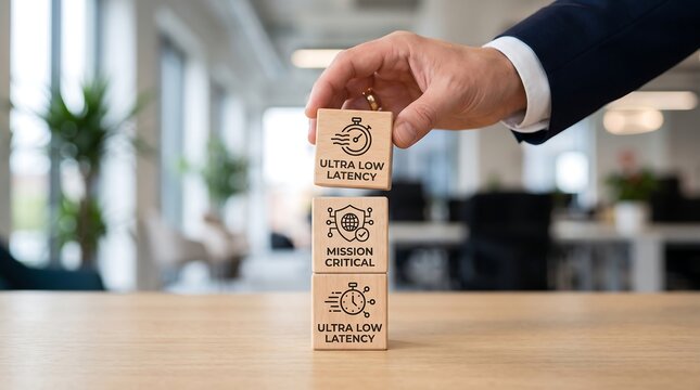 Businessman placing wooden blocks with ultra low latency and mission critical text in office