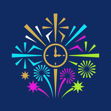 Colorful fireworks exploding around a clock on a dark blue background