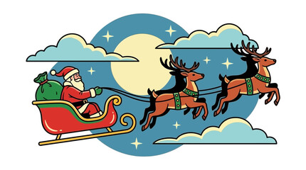 Santa Claus flying in sleigh pulled by reindeer across the night sky © dasiem