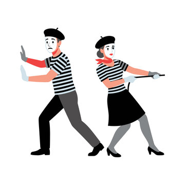 Two mime artists performing classic pantomime acts on a white background
