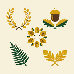 Stylized autumn leaves and acorn vector icons set on a light background © hazan