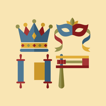 Jewish holiday of Purim flat vector icons set with crown and mask