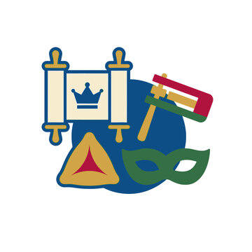 Colorful vector illustration of traditional Jewish Purim holiday symbols
