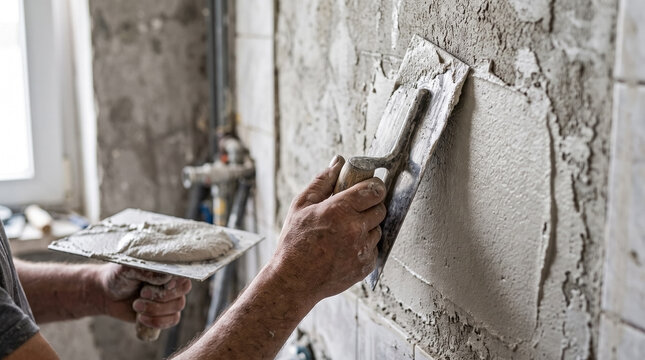 Hands plastering bathroom wall with trowel, applying fresh mortar on rough surface. Worker hands spreading plaster, light emphasizing wall texture.