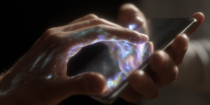  Hand mirror overlays fluctuating pulses visualizing cognitive AI feedback.
