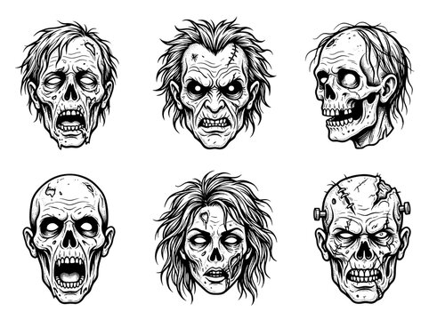 Set of six detailed black and white zombie character heads showing various scary facial expressions and horror features rendered in a classic comic book ink drawing style on transparent background.