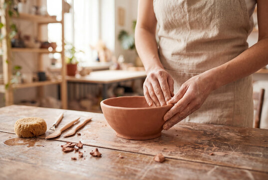 Close up view of female hands carefully shaping a raw clay bowl on a rustic wooden table alongside tools. A professional ceramist in a linen apron working in a bright pottery studio.