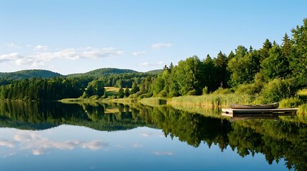 Serene lake reflecting forest and sky © Isolde mercer