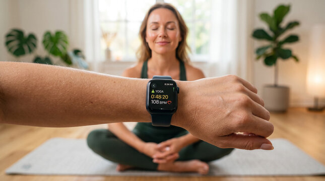 Woman meditating with fitness tracker on wrist, showing workout data