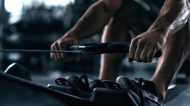 Close Up Athlete Using Rowing Machine During HYROX Style Cardio Workout, Endurance Training and Functional Fitness Concept