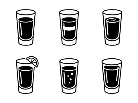 Eight black and white vector illustration icons of various drinking shot glasses filled with liquid showing different levels and patterns arranged in a simple set displayed on transparent background