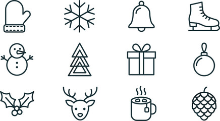 Fototapeta premium Minimalist Winter Christmas Line Icons Set with Snowman Reindeer Snowflake Mittens and Gift Symbols for Holiday Seasonal Web Interface Graphics and Festive Banners