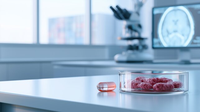 Brain Tumor Cell Culture in Petri Dish with Nicotinamide Capsule, Neuro Oncology Laboratory Research and Brain Cancer Nutrition Concept