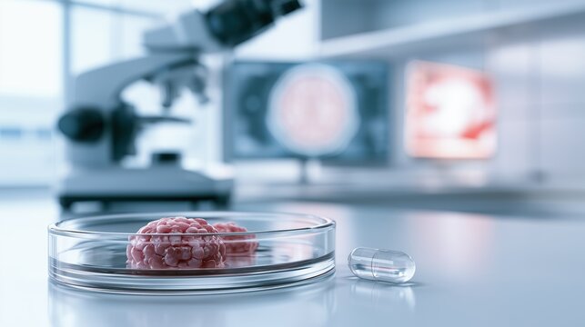 Brain Tumor Cell Culture in Petri Dish with Nicotinamide Capsule, Oncology Laboratory Research and Brain Cancer Nutrition Concept
