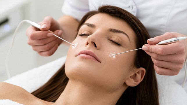 Beauty specialist pressing two microcurrent probes simultaneously on both cheekbones in a symmetric composition. Concept of microcurrent facial treatment.