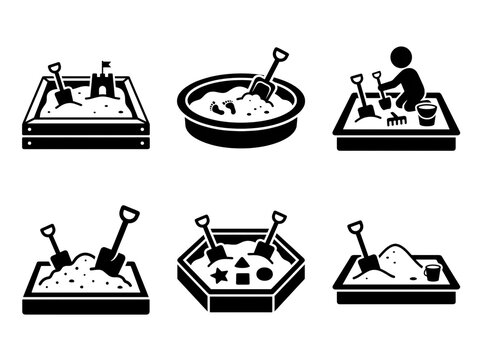 Collection of six black and white sandbox icons featuring shovels buckets and sand play equipment for children designed as simple vector graphics for educational activities presented on transparent ba