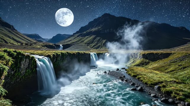 Majestic moonlit waterfalls cascade down rugged cliffs under a starry sky