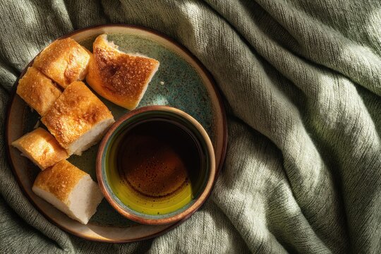Bread pieces with a bowl of olive oil on a ceramic plate. Rustic breakfast or appetizer setting on a green textured fabric background. Mediterranean food style and culinary concept.