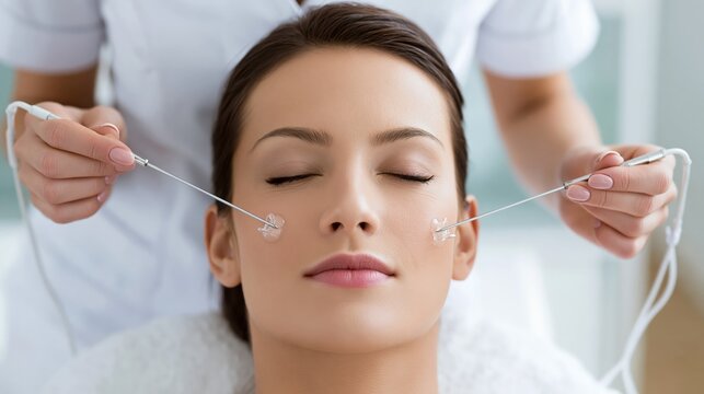 Beauty specialist pressing two microcurrent probes simultaneously on both cheekbones in a symmetric composition. Concept of microcurrent facial treatment.