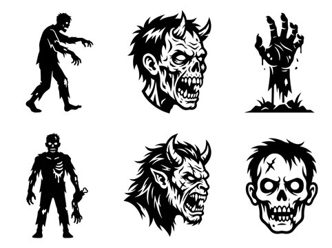 Set of six spooky zombie character icons featuring walking undead figures and scary monsters including a rotting brain and a rising hand isolated in a bold black style on transparent background.