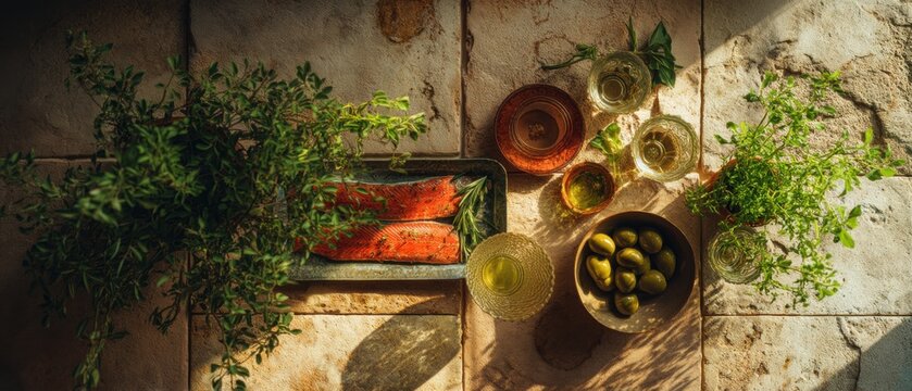 Raw salmon fillet on metal tray with rosemary, green olives and glasses of white wine on stone table. Mediterranean food background. Healthy cooking and dining concept composition.