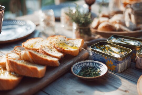 Sliced toasted bread with olive oil and canned fish on wooden table. Rustic Mediterranean breakfast served outdoors in sunlight. Traditional healthy snack for healthy food concept.