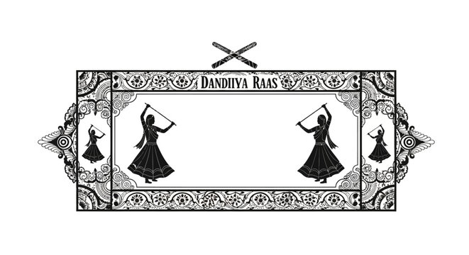 Decorative Frame Illustration Featuring Traditional Dandiya Raas Folk Dancers.