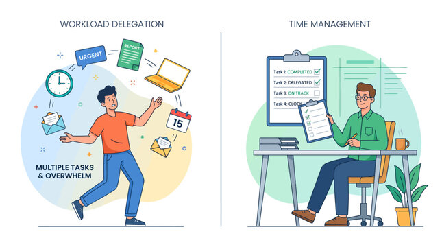 Productivity concepts, business workflow optimization, workload delegation, time management vector illustrations